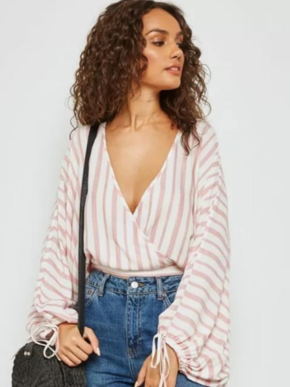 Topshop Pink & White Striped Balloon Sleeve Wrap VNeck Blouse- sz 2 NEW WITH TAG